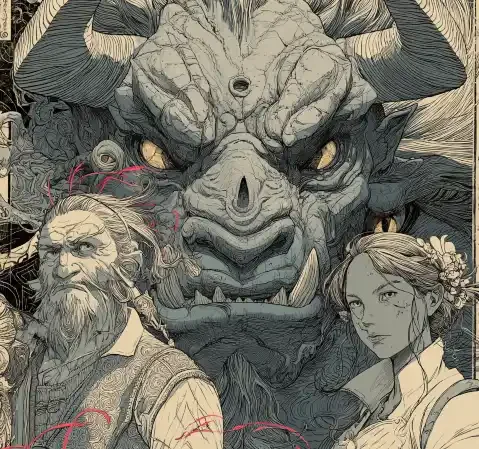 幻想题材漫画封面，魔法世界中的主角与伙伴
